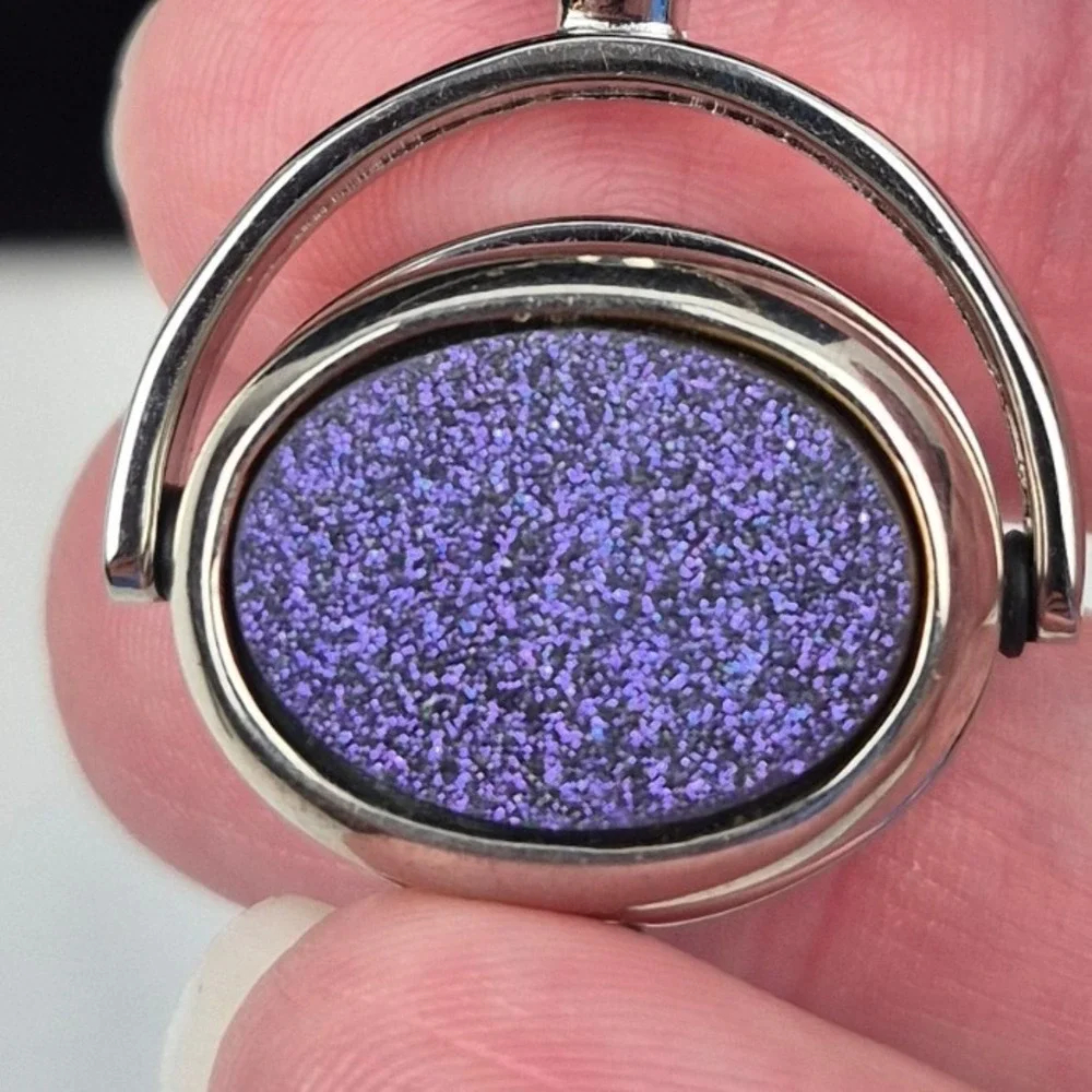 Vtg‎ Rotating Pendant Necklace Purple Druzy Glitter Watch Face Silver Tone 29